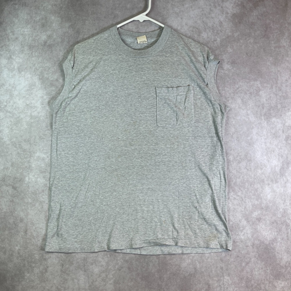 VINTAGE Blank Tank Top Adult XL Gray Sleeveless Shirt Pocket Distressed USA Made